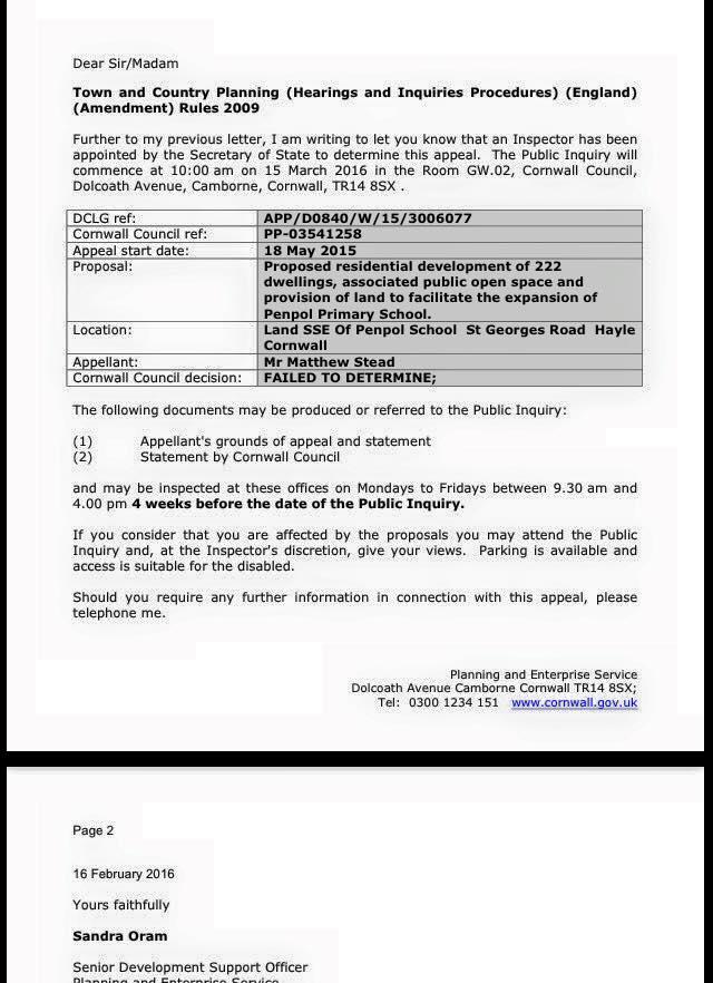 Appeal letter | PA15/02777 | Proposed residential development of 222 dwellings, associated public open space and provision